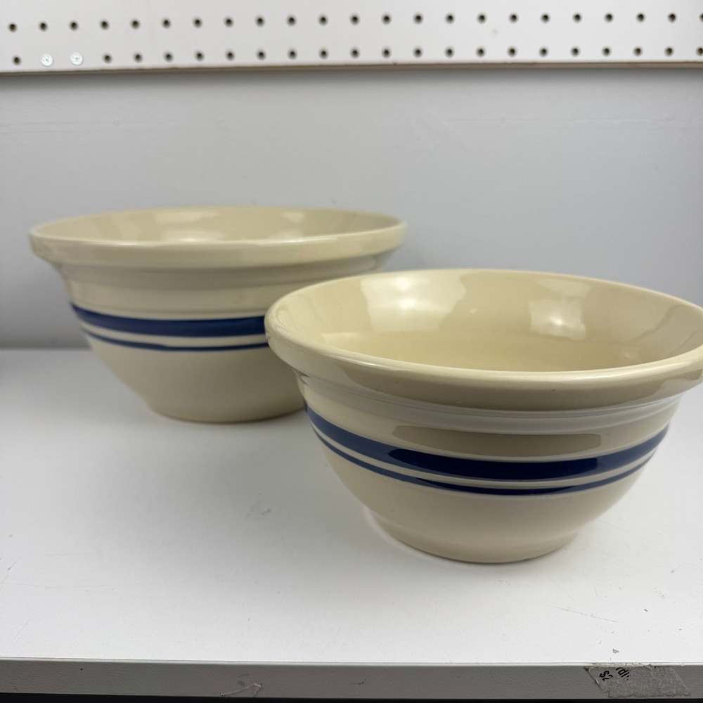 Vtg USA Stoneware Mixing Bowls Set 2 Blue Stripe FP Roseville Ohio 2qt 4qt